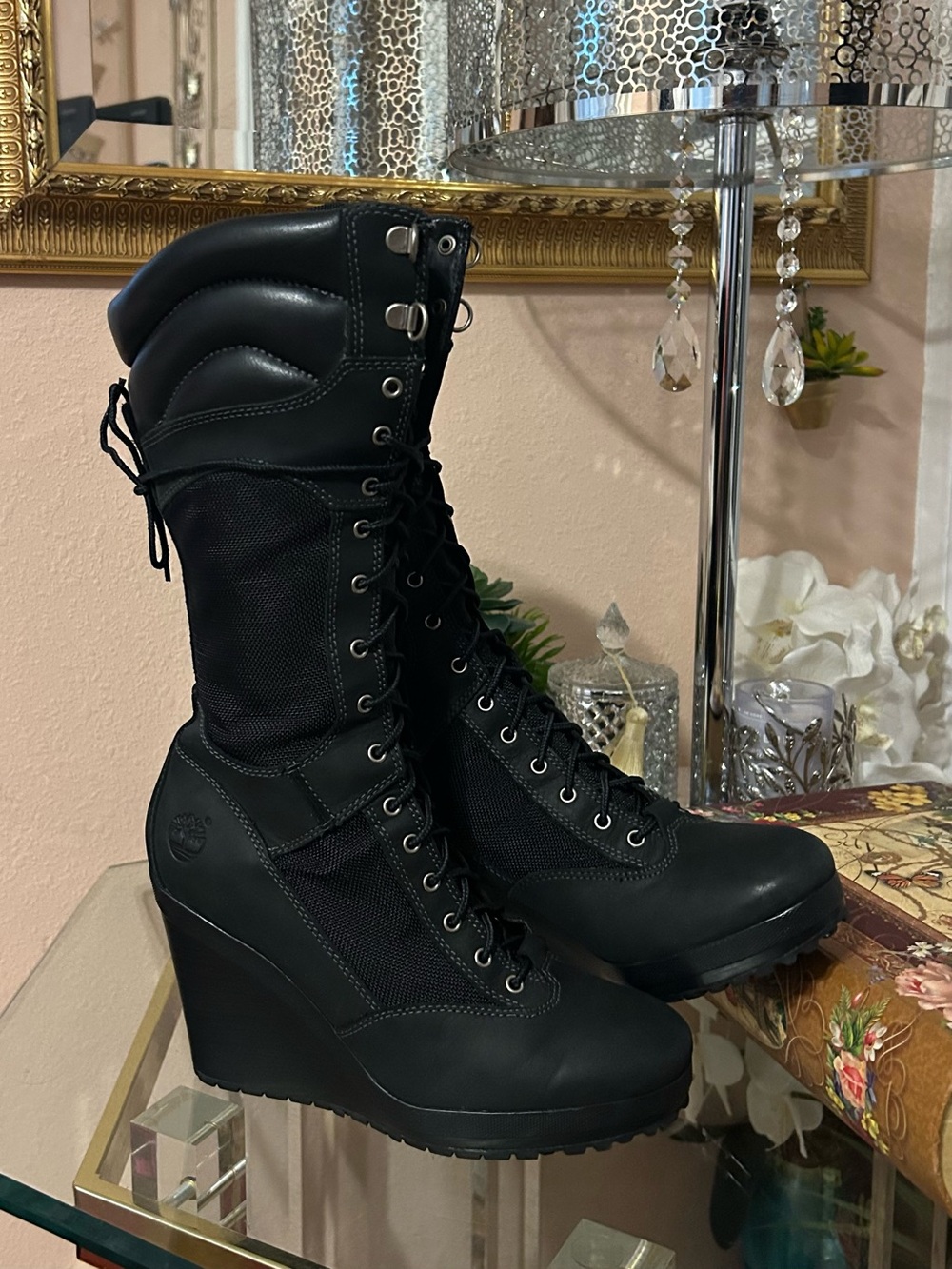 Timberland Black Wedge Mid Calf Lace Up Boots Size 7.5